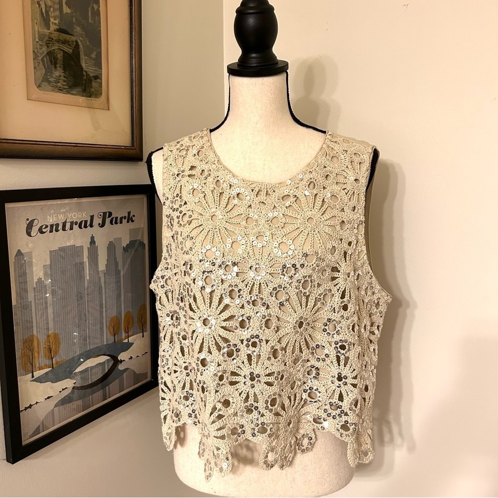 Lauren Conrad Linen Sequin Appliqué Sleeveless Top | Boho Neutral | XL